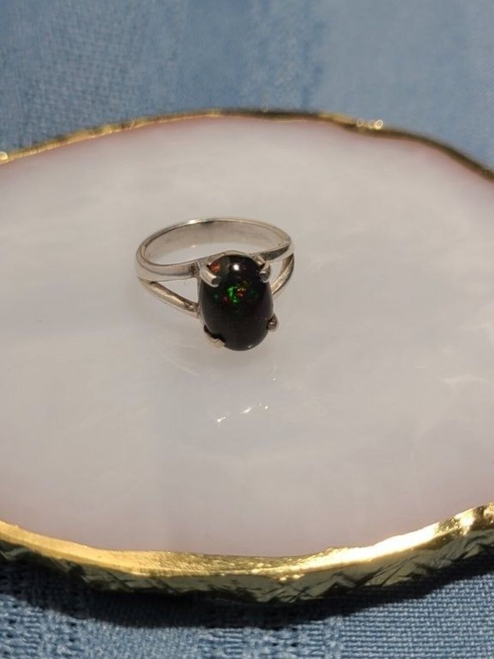 Natural Black Opal Ring Sterling Silver 925 Sz 5.25 Oval Cabochon Red Green Fire